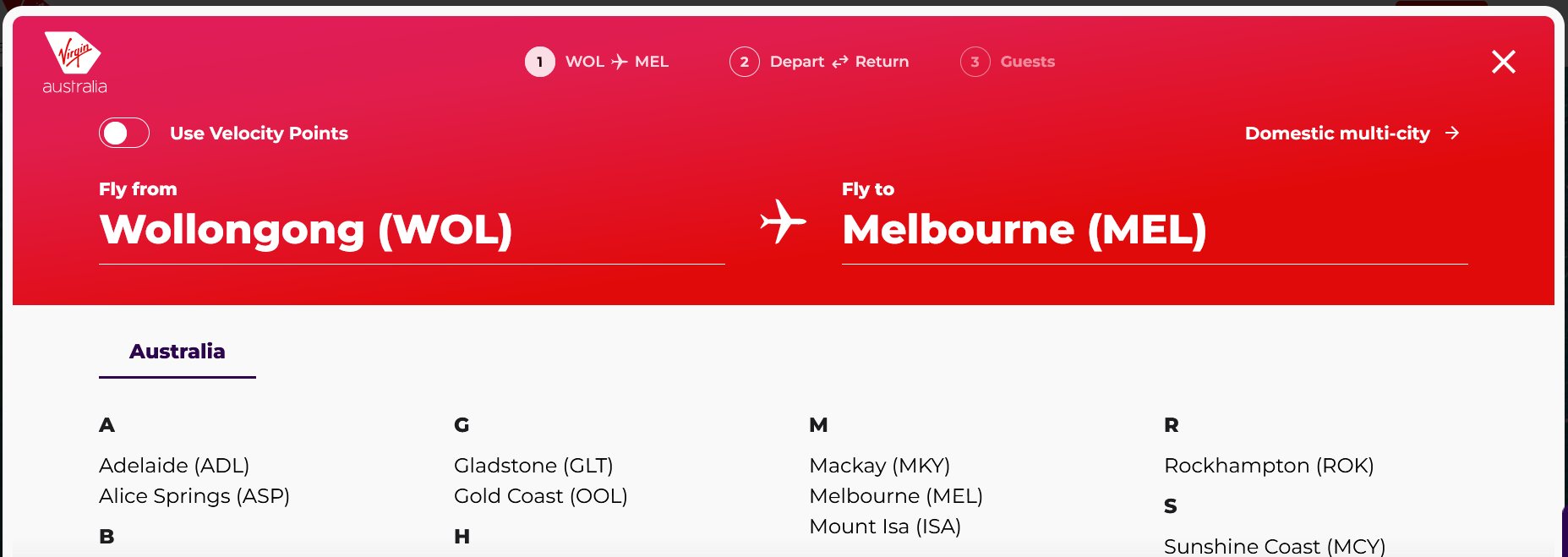 Virgin Australia booking engine showing Wollongong (WOL) as the departure city